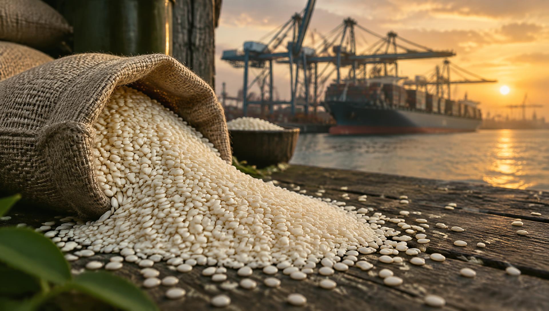Hulled sesame seeds with a container port in the background