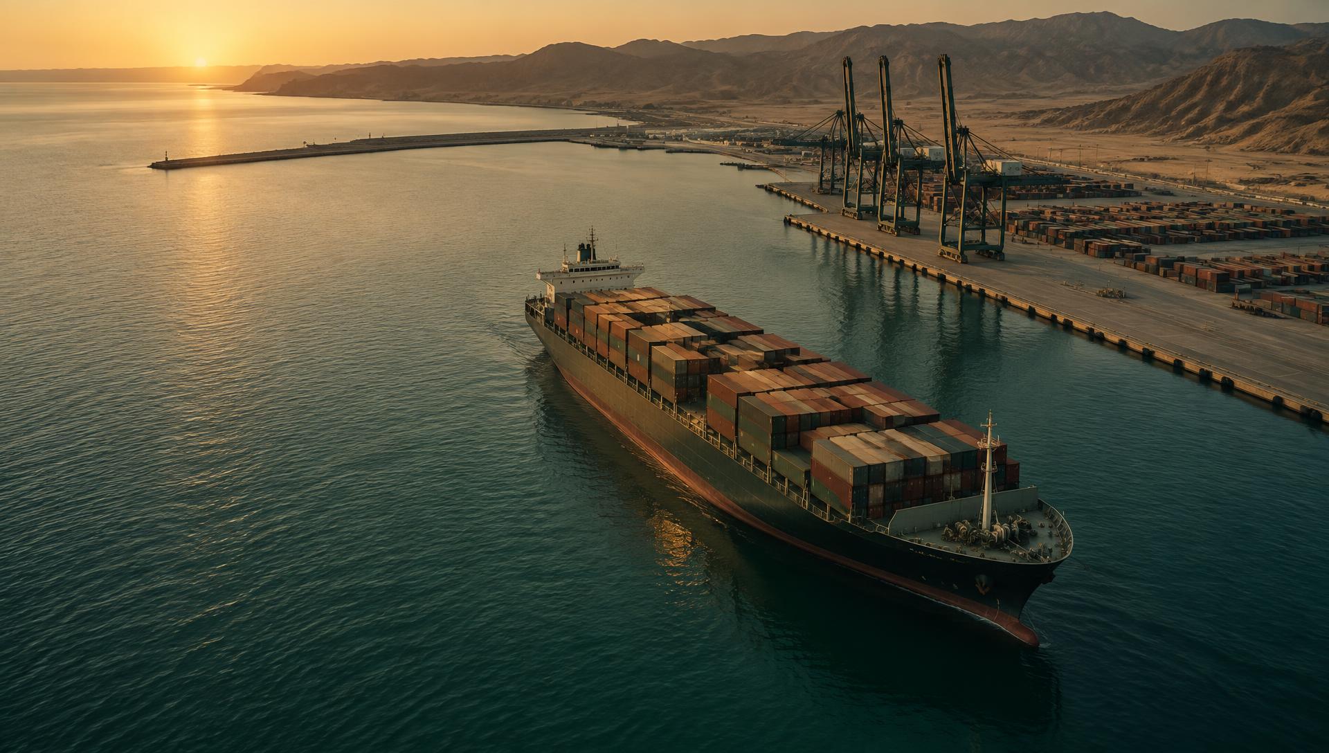 Container vessel arriving at a Red Sea port